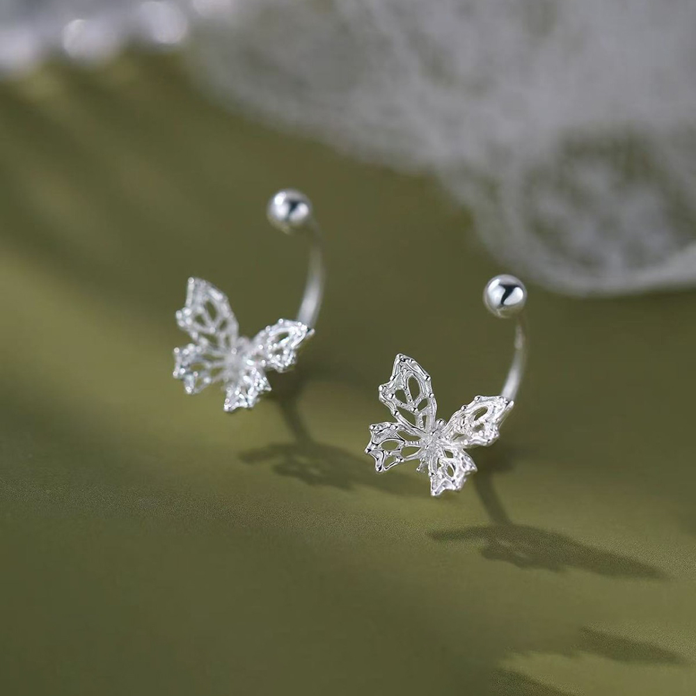 Beading Needle Fine - ต่างหูเงินแท้ 925 รูปผีเสื้อแบบกลวง พร้อมเกลียวสำหรับผู้หญิง เหมาะสำหรับงานปาร์ตี้ เครื่องประดับคลาสสิก