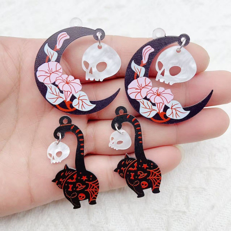 Jewelry Making Earrings - 10 ชิ้น จี้อะคริลิคฮาโลวีน รูปผี แมวดำ หัวกะโหลก