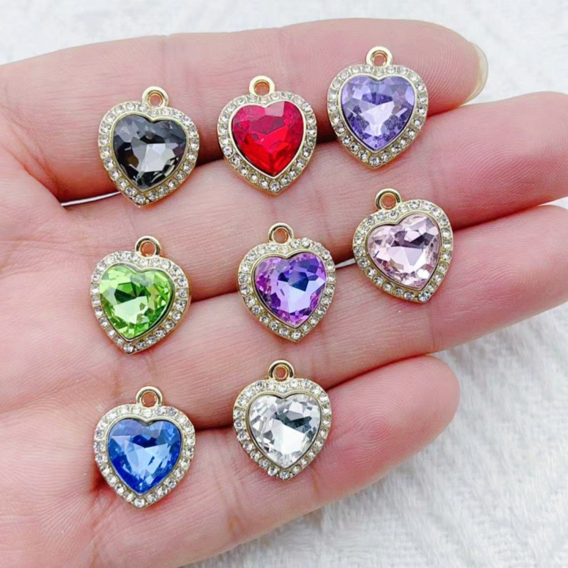 Jewelry Making Necklaces - จี้รูปหัวใจฝังพลอยหลากสี 10 ชิ้น, เครื่องประดับ DIY สไตล์สดใส,