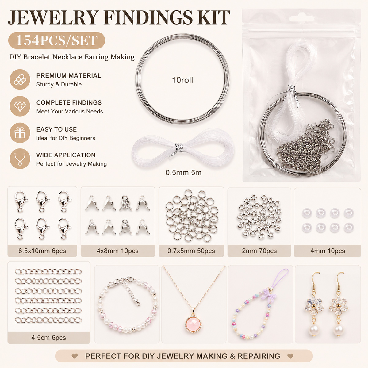 Jewelry Making Thread - ชุดอุปกรณ์ทำเครื่องประดับ 154 ชิ้น ประกอบด้วยลวดเหล็ก ด้ายยางยืด ห่วงกลม