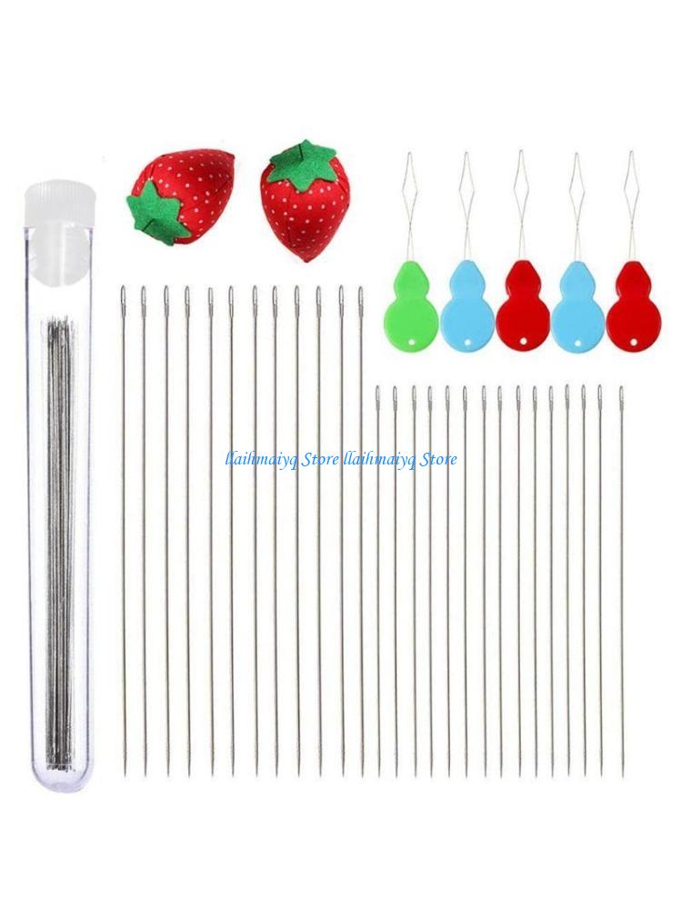 Beading Needle Fine - 573B 47 ชิ้น Big Eye ลูกปัดเข็มเข็มสตรอเบอร์รี่เย็บเข็มผู้ถือ